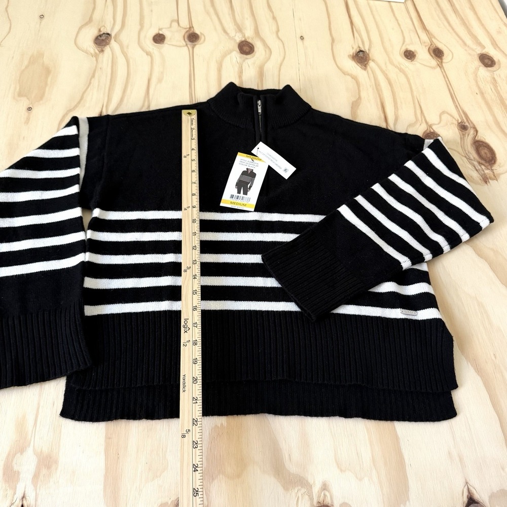 DKNY Women's Black White Striped Quarter Zip Sweater Knit Pullover Size Medium